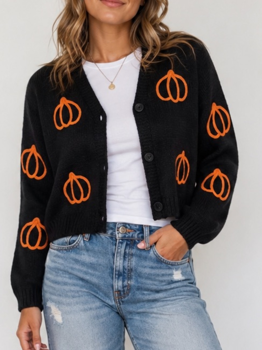 Luna Ivy Black Pumpkin Cardigan Sweater Halloween Fall Cropped Size M